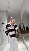 Ekru Bordo Kalın Çizgili Polo Yaka İnce Sweatshirt