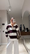 Ekru Bordo Kalın Çizgili Polo Yaka İnce Sweatshirt