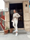 Ekru Cep Fermuarlı Deri Pantolon