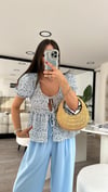 Ekru Çiçek Desen Balon Kol Önden Bağlamalı Bluz