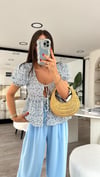 Ekru Çiçek Desen Balon Kol Önden Bağlamalı Bluz