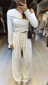 Ekru Çift Pileli Beli Lastikli Bol Pantolon