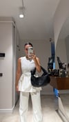 Ekru Dikiş Detaylı Pileli Denim Takım