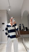 Ekru Lacivert Kalın Çizgili Polo Yaka İnce Sweatshirt