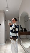 Ekru Lacivert Kalın Çizgili Polo Yaka İnce Sweatshirt