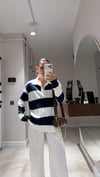 Ekru Lacivert Kalın Çizgili Polo Yaka İnce Sweatshirt