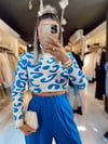 Ekru Mavi Desenli Boğalı Crop Kazak