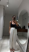 Ekru Paça Düğmeli Keten Şalvar Pantolon