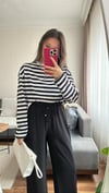 Ekru Siyah Çizgili İnce Sweat