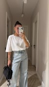 Ekru Yakası Taşlı Oversize Tişört