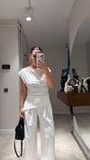 Ekru Yan Büzgülü Bluz Pantolon Takım