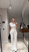Ekru Yan Büzgülü Bluz Pantolon Takım