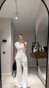 Ekru Yan Büzgülü Bluz Pantolon Takım