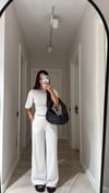 Ekru Yan Büzgülü Pantolon Takım