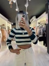 Ekru Yeşil Çizgili Crop Triko