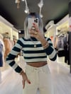 Ekru Yeşil Çizgili Crop Triko