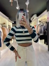 Ekru Yeşil Çizgili Crop Triko