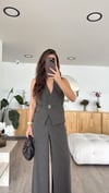 Füme Dik Çizgili Yelek Pantolon Takım