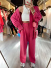 Fuşya Beli Düğmeli Bol Paça Keten Pantolon