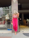 Fuşya Beli Lastikli Paça Pileli Pantolon 
