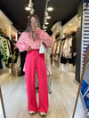 Fuşya Beli Lastikli Saten Bol Pantolon