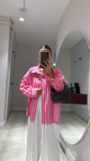 Fuşya Beyaz Çift Çizgili Oversize Gömlek 