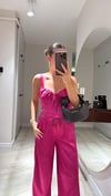 Fuşya Kalın Askılı Saten Crop Bluz