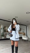 Gri Lacivert Biye Detaylı Pileli Mini Etek