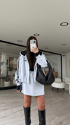 Gri Lacivert Şerit Detaylı Fermuarlı Sweatshirt