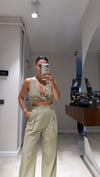 Haki Ön Bağlamalı Keten Crop Takım