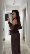 Kahve Asimetrik Yaka Tül Midi Boy Elbise