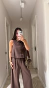 Kahve  Balon Model Keten Bluz Takım
