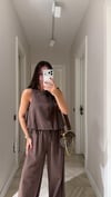 Kahve  Balon Model Keten Bluz Takım