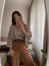 Kahve Beyaz Çizgili Oversize Tshirt