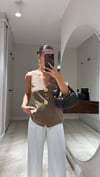 Kahve Büyük Gold Düğmeli Keten Yelek 