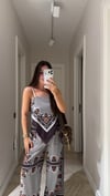 Kahve Etnik Desenli İp Askılı Bluz Pantolon Takım