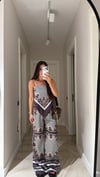 Kahve Etnik Desenli İp Askılı Bluz Pantolon Takım
