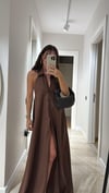 Kahve Halter Yaka Düğmeli Keten Elbise