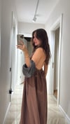 Kahve Halter Yaka Düğmeli Keten Elbise