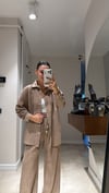 Kahve Kendinden Çizgili Beli Lastikli Pantolon