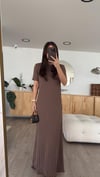 Kahve Kısa Kol Fitilli Triko Elbise 