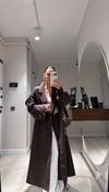 Kahve Mavi Çizgili Kuşaklı Uzun Trenç