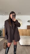 Kahve Mavi Dik Çizgili Oversize Blazer Ceket
