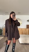 Kahve Mavi Dik Çizgili Oversize Blazer Ceket