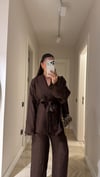 Kahve Şal Yaka Kimono Pantolon Takım