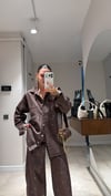 Kahve Taş Detaylı Oversize Denim Gömlek