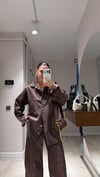 Kahve Taş Detaylı Oversize Denim Gömlek