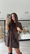 Kahve Taşlı Kadife Elbise 