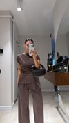 Kahve Yan Büzgülü Bluz Pantolon Takım