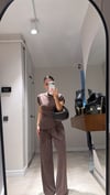 Kahve Yan Büzgülü Bluz Pantolon Takım